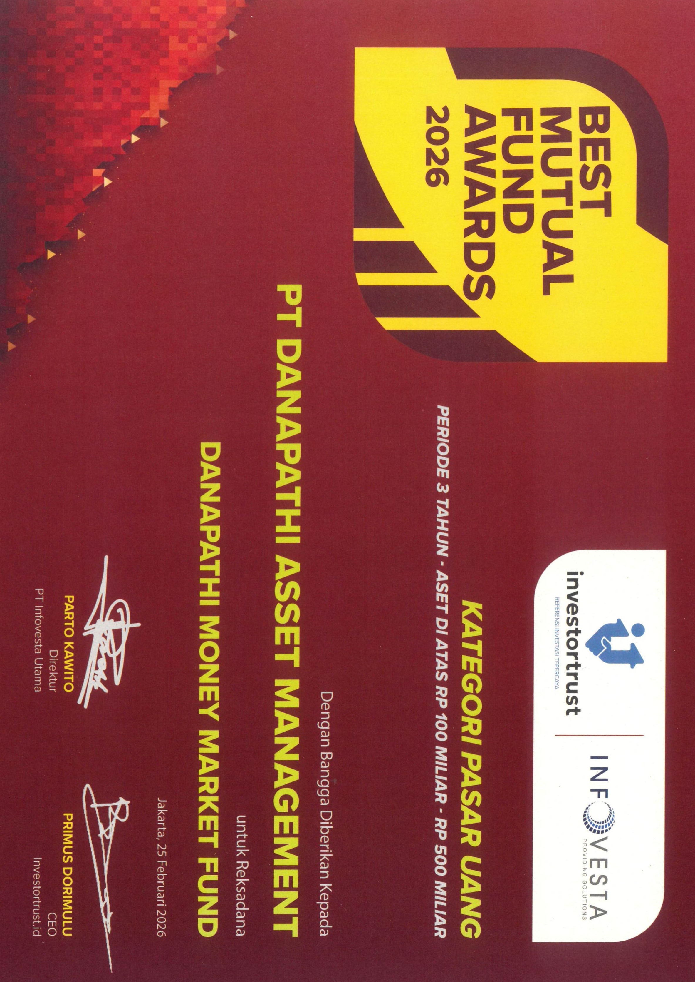 Kategori Pasar uang  Periode 3 tahun Aset Di atas Rp 100 Miliar - Rp 500 Miliar